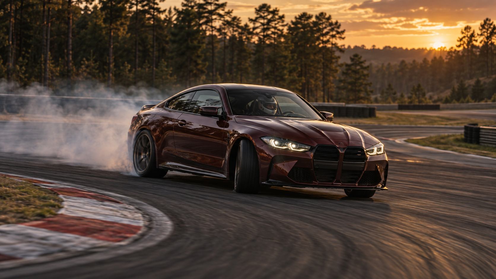 Concept of a helmeted driver drifting a performance coupe on a dedicated circuit