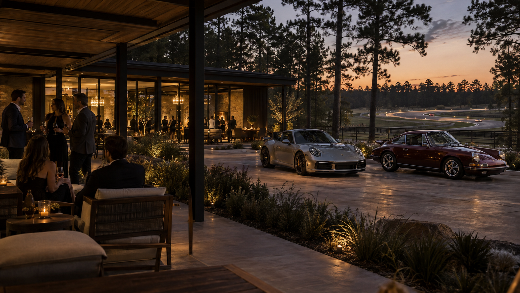 Concept vision of sports cars and guests gathering beside ARDOR House at dusk